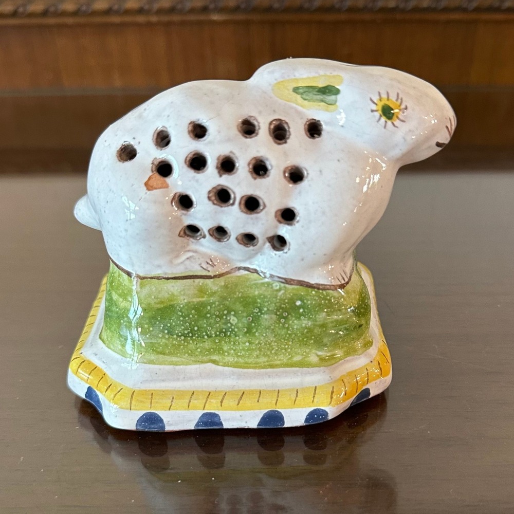 Vintage Portugal Ceramic Rabbit Flower Frog Figurine Folk Art Bunny Pomander